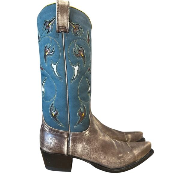 Frye Vintage Floral Blue Leather Pointed Tow Cowgirl Boots 8.5 - Picture 9 of 9